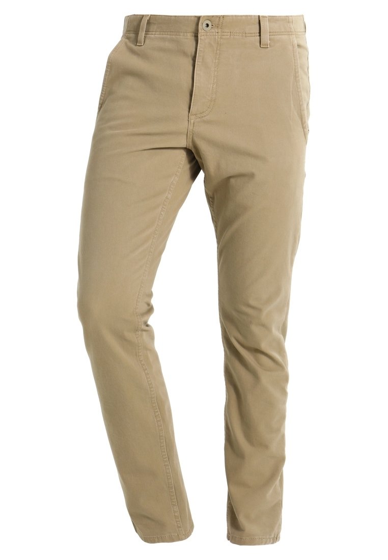 Beiga chinos i bomull, med slim fit, framfickor och dragkedja med knäppning. Inga synliga mönster eller detaljer.