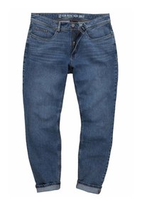 Jeans de mezclilla azul con un diseño de pierna recta, cinco bolsillos y cierre de cremallera; presentan puños doblados y detalles de costura visibles.