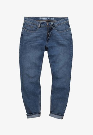 Jeans de mezclilla azul con un diseño de pierna recta, cinco bolsillos y cierre de cremallera; presentan puños doblados y detalles de costura visibles.