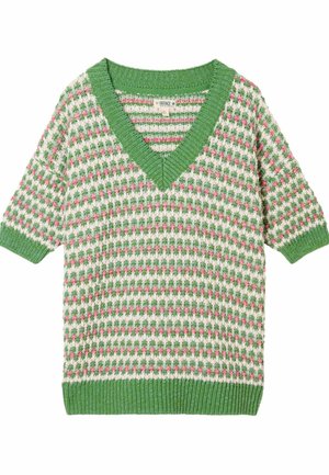 Pulover tricotat verde și alb cu decolteu în V, prezentând un model floral în roz și verde. Mâneci scurte și manșete striate completează designul.