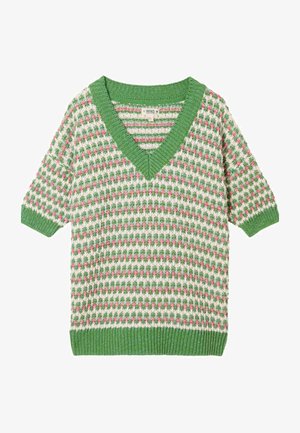 Pulover tricotat verde și alb cu decolteu în V, prezentând un model floral în roz și verde. Mâneci scurte și manșete striate completează designul.