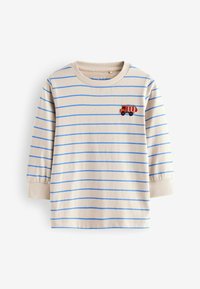 Beige langærmet t-shirt med blå striber. Har en broderet rød og orange lastbil på brystet. Fremstillet af blødt bomuldsmateriale.