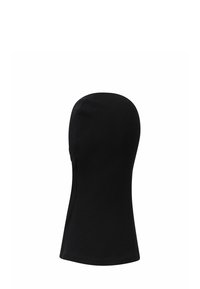 Schwarze Balaclava aus geripptem Material. Sie verfügt über ein enges Design mit einer glatten Textur und einem verlängerten unteren Teil für vollständige Abdeckung.