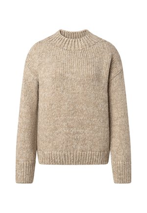 Beiger grob gestrickter Pullover mit geripptem Rundhalsausschnitt, Bündchen und Saum, mit lockerer Passform und langen Ärmeln.