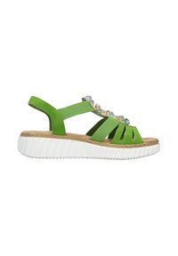 Zielone sandały o otwartym kroju, z syntetycznymi paskami, dekoracyjnymi kamieniami i białą, żłobioną podeszwą. Regulowany pasek na pięcie zapewniający odpowiednie dopasowanie.