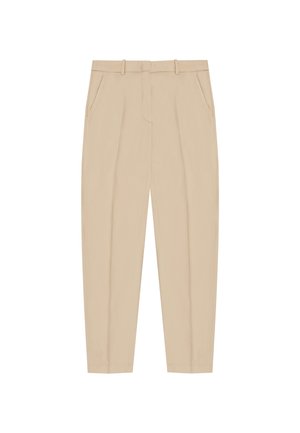 Beige broek met een getailleerde pasvorm, met een platte voorkant, riemlussen en zijzakken. Glad stof met een strakke, frisse uitstraling.