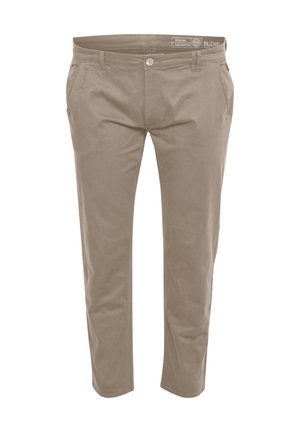 Béžové bavlněné chinos kalhoty se slim fit, s dvěma předními kapsami, zipovým zapínáním a knoflíkovým uzávěrem. Hladká textura s jemným leskem.