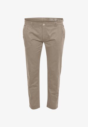 Beige bomull chinos med slim fit, med to frontlommer, glidelås og knappelukking. Glatt tekstur med subtil glans.