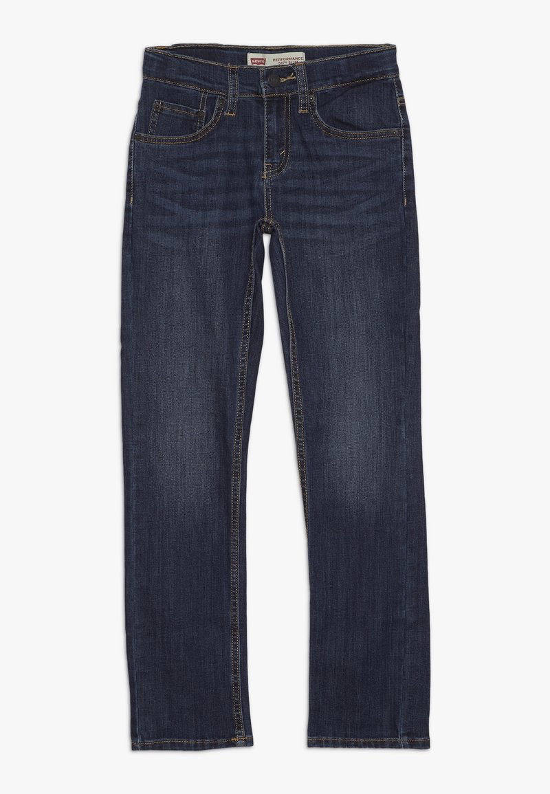 Jeans de mezclilla azul oscuro con cinco bolsillos, diseño de pierna recta, costuras amarillas en contraste y una etiqueta de cuero con marca en la cintura.