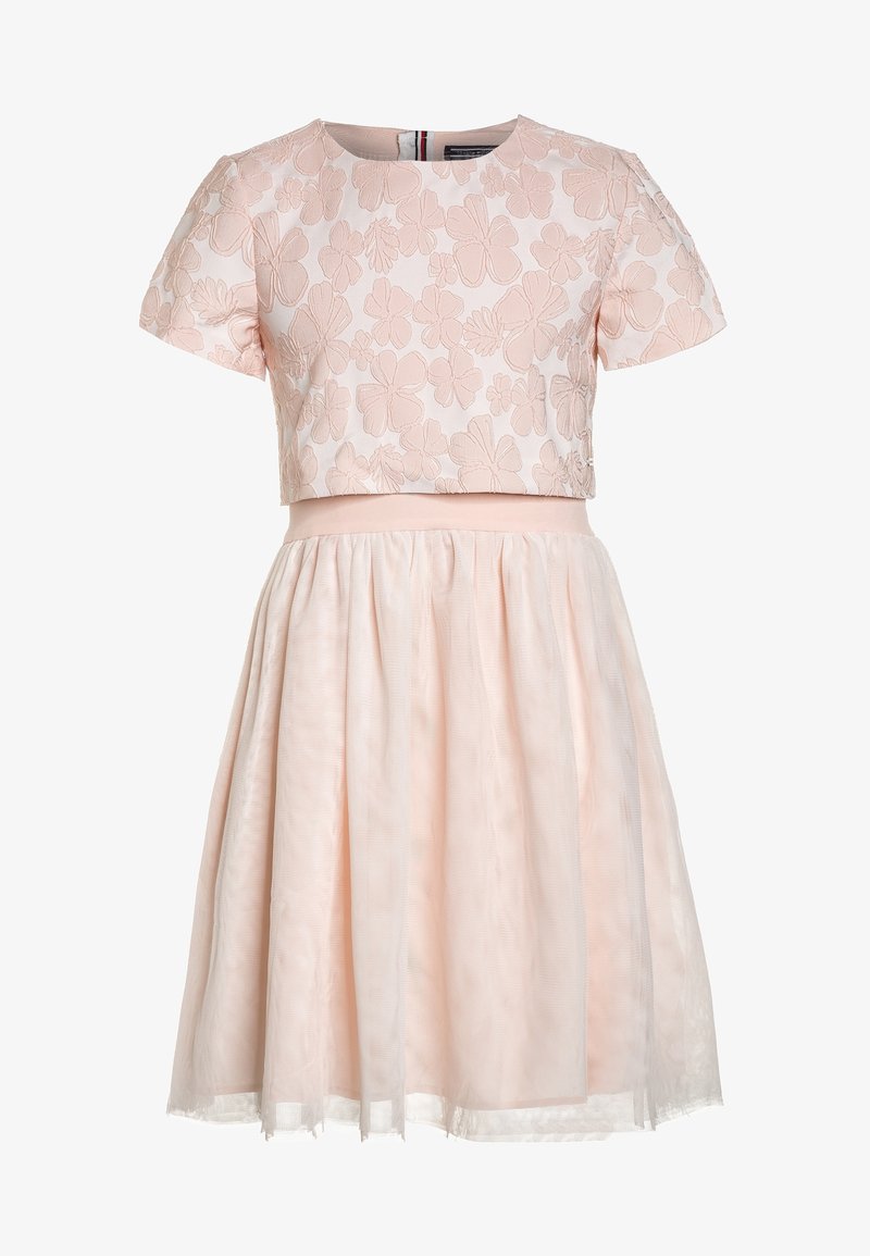 Light pink dress with a floral embossed top, short sleeves, and a flared, semi-sheer skirt. Features a fitted waist and layered texture.