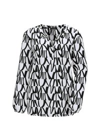 Langarm blouse gemaakt van lichtgewicht stof, met een monochroom zwart-wit abstract patroon, een ronde halslijn en knoopdetail.