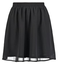 Musta hame, jossa on joustava vyötärönauha, valmistettu läpikuultavasta kankaasta, kellottuva malli ja hieman pidempi takasauma, sileä pinta.