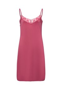 Vaaleanpunainen liukuvärinen mekko ohuilla olkaimilla, jossa on pitsireunus kaula-aukossa ja sileä, samettimainen pinta. Yksinkertainen A-linjainen muoto.