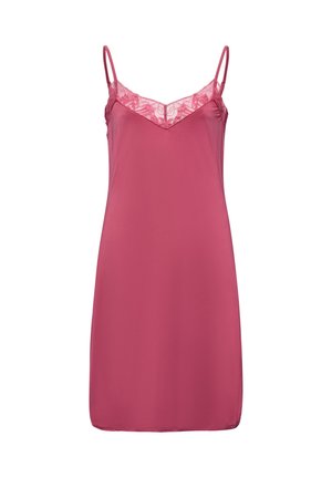 Vaaleanpunainen liukuvärinen mekko ohuilla olkaimilla, jossa on pitsireunus kaula-aukossa ja sileä, samettimainen pinta. Yksinkertainen A-linjainen muoto.