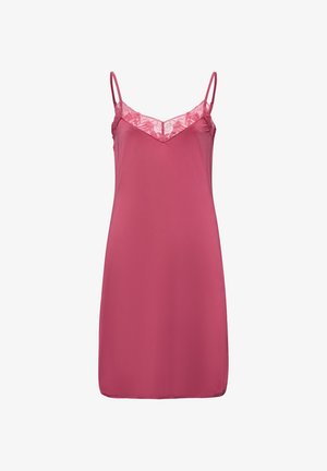 Vaaleanpunainen liukuvärinen mekko ohuilla olkaimilla, jossa on pitsireunus kaula-aukossa ja sileä, samettimainen pinta. Yksinkertainen A-linjainen muoto.