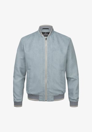 Hellblaue Bomberjacke mit Reißverschluss vorne, gerippten Bündchen und Saum. Weiche Textur, doppelte Seitentaschen und kontrastierende Innenseitentöne am Kragen.