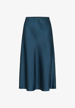 Tyrkysová saténová sukňa s hladkou textúrou, tvar A-line a elastickým pásom. Spodný okraj sa jemne kriví, čo poskytuje plynulý siluetu.