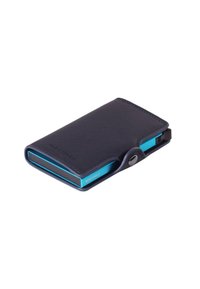 Blue and black wallet with a textured exterior, featuring a snap closure, card holder compartment, and a sleek, rectangular shape.