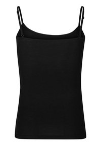 Black camisole top with thin, adjustable straps, made from soft fabric. Simple, fitted design, featuring a straightforward neckline.