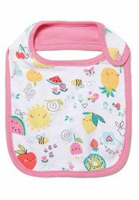 Kolorowa śliniak dla niemowląt wykonany z miękkiej bawełny, z wesołymi wzorami owoców i słońca na białym tle, z różowym wykończeniem i zapięciem na zatrzask.