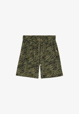 Pantaloncini verdi con motivo a strisce di tigre. Realizzati in tessuto morbido, dotati di vita elastica, coulisse e decorazioni dorate.