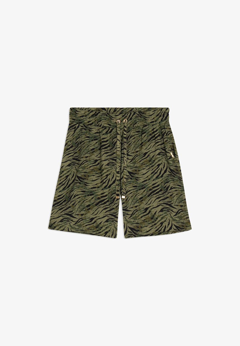 Pantalones cortos verdes con un patrón de rayas de tigre. Hechos de tela suave, cuentan con una cintura elástica, cordón ajustable y detalles decorativos en dorado.