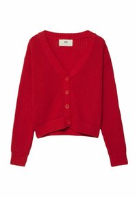 Cardigan rouge tricoté avec un col en V, des manches longues, six boutons sur le devant et des poignets et un ourlet côtelés. Design court.