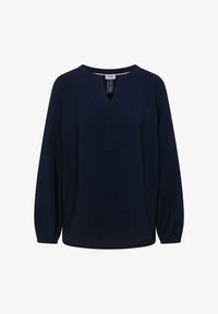 Blusa de manga larga azul marino con abertura en escote en V, puños elásticos y dobladillo recto.