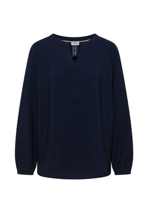 Marineblaue langärmlige Bluse mit V-förmigem Ausschnitt, elastischen Manschetten und geradem Saum.