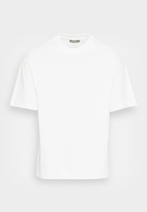 Weißes Baumwoll-T-Shirt mit kurzen Ärmeln, Rundhalsausschnitt und lockerem Schnitt. Glatte Textur ohne sichtbare Muster oder Grafiken.