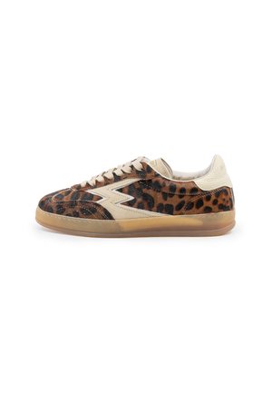 Leopard-Print-Sneaker mit einer Mischung aus braunem Wildleder und cremefarbenen Lederakzenten, ausgestattet mit einer Gummisohle und beigen Schnürsenkeln. Limitierte Auflage.