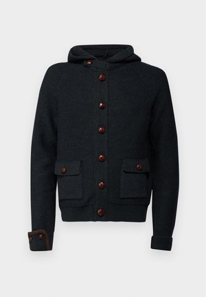 Dark knit cardigan with a hood, featuring brown buttons, two front pockets, and ribbed cuffs. Soft texture with a slightly structured design.