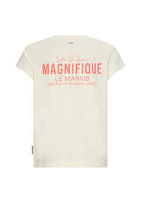 Jasnocrema koszulka z krótkim rękawem, na plecach z wyraźnym różowym napisem "MAGNIFIQUE LE MARAIS 198 RUE DE ROSIERS - PARYŻ". Miękka w dotyku.