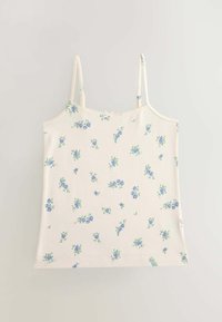 Camisole aus weichem, cremefarbenem Stoff mit einem verstreuten Blumenmuster in Blau und Grün. Mit dünnen, verstellbaren Trägern und geradem Saum.