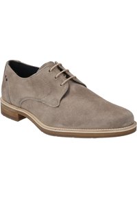 Graue Wildleder-Schnürschuhe mit runder Zehenpartie, glattem Nähen und einer kontrastierenden hellbraunen Sohle. Verfügt über ein dezentes Logo an der Seite.