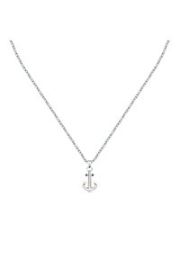 Collana con pendente a forma di ancora in argento su una catena collegata, caratterizzata da accenti gialli sull'ancora, con una finitura lucida e un design delicato.