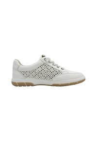 Sneaker bianco con un motivo floreale tagliato al laser sui lati, dettagli grigi e una suola beige texturizzata. Imbottiti per il comfort.