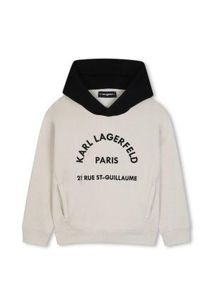 Sweat à capuche beige avec capuche noire et texte "Karl Lagerfeld Paris 21 Rue St-Guillaume" imprimé sur le devant, avec poches latérales et manches longues.