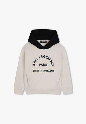 Sweat à capuche beige avec capuche noire et texte "Karl Lagerfeld Paris 21 Rue St-Guillaume" imprimé sur le devant, avec poches latérales et manches longues.