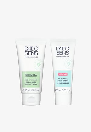 Two cosmetic tubes: a green and white tube labeled "SENSACEA" (50ml) and a blue and white tube labeled "SOS CARE" (5ml), both with a matte finish.