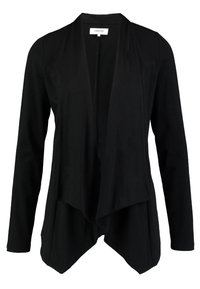 Svart cardigan med öppen framsida, långa ärmar, gjord av ett mjukt, lättviktigt tyg. Har en draperad asymmetrisk nederkant och inga synliga knäppningar.