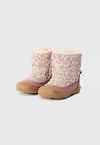 Blomstermønstrede ankelstøvler med rosa syntetisk materiale, plysjhvit fôr og teksturerte brune gummisåler for godt feste.