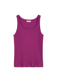 Fioletowy prążkowany top na ramiączkach z szerokimi ramiączkami i okrągłym dekoltem, wykonany z lekkiego materiału dla wygody i wentylacji.