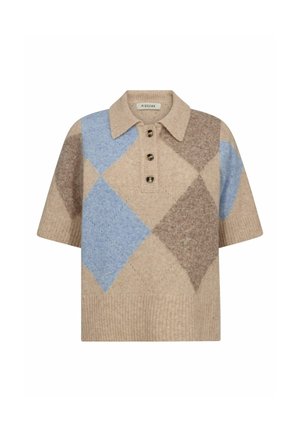 Īss piedurkņu adīts polo džemperis ar bēšu, brūnu un zilu argaila rakstu un trim priekšējām pogām.