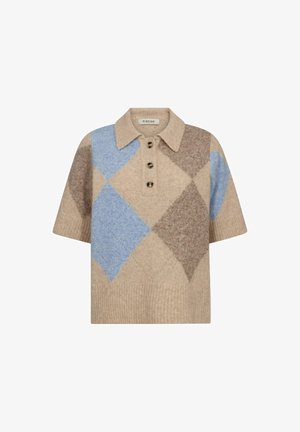 Lühikeste varrukatega kootud polo-särk beeži, pruunide ja siniste argyle-mustritega ning kolme ees nupuga.