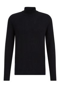 Black, long-sleeve turtleneck sweater featuring a textured knit design. Ribbed cuffs and hem, round neckline, fitted shape.