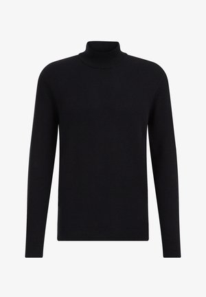 Schwarzer Rollkragenpullover mit langen Ärmeln und strukturiertem Strickdesign. Gerippte Bündchen und Saum, runder Ausschnitt, figurbetonte Passform.