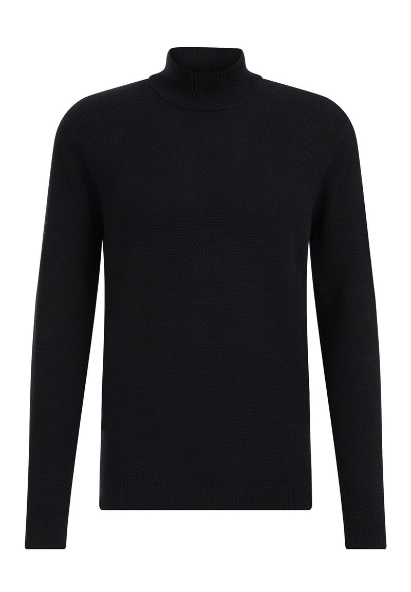 Black, long-sleeve turtleneck sweater featuring a textured knit design. Ribbed cuffs and hem, round neckline, fitted shape.