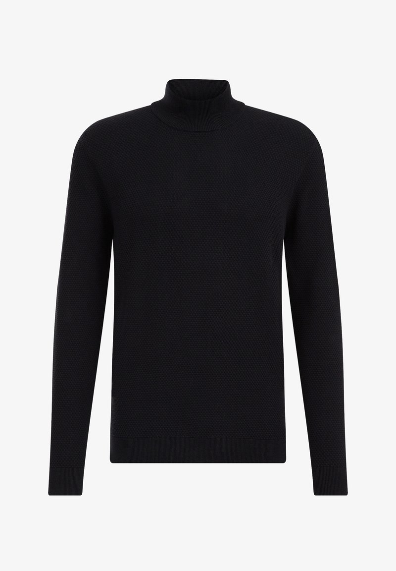 Černý rolák s dlouhým rukávem, zdobený texturovaným pleteným vzorem. Žebrované lemy na rukávech a spodním okraji, kulatý výstřih, přiléhavý střih.