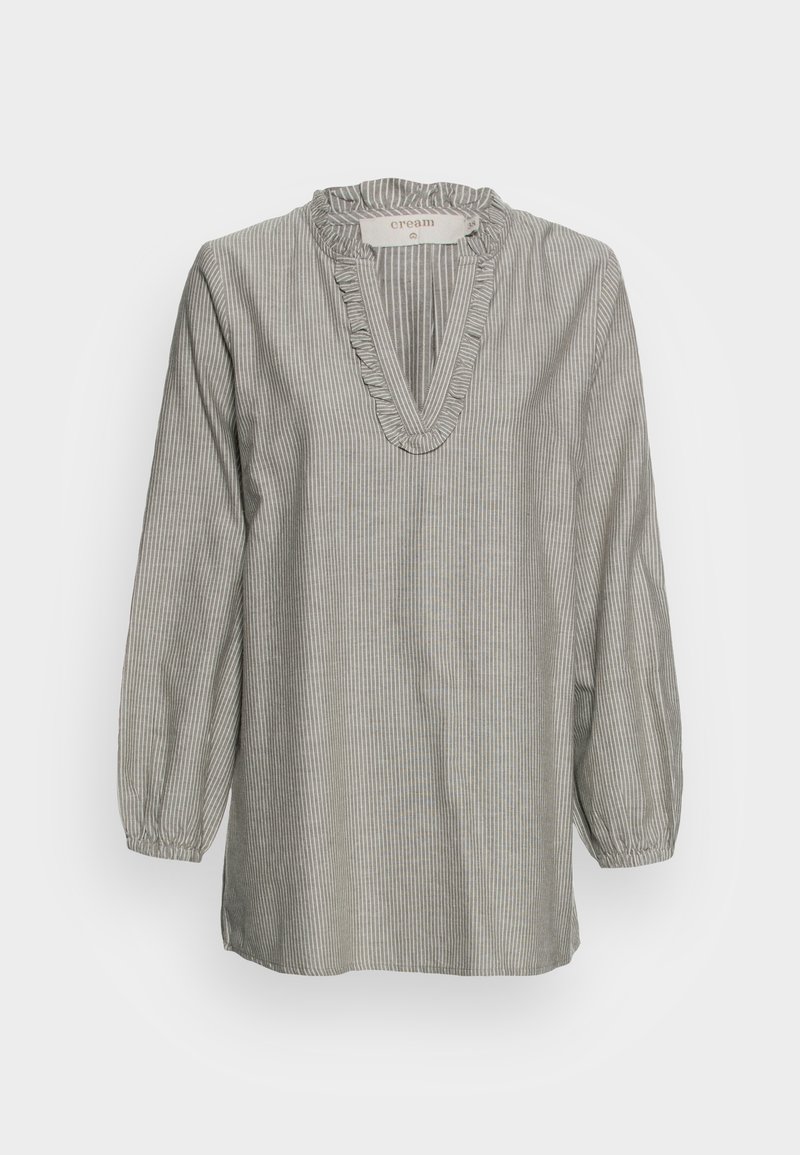 Blusa a righe grigia e bianca con scollo arricciato, maniche lunghe a palloncino e vestibilità rilassata. Presenta un motivo a righe verticali su tutta la superficie.